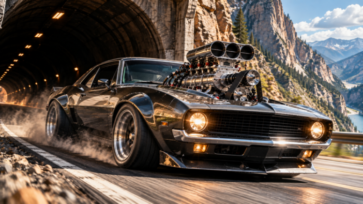 Black vintage muscle car with a large supercharger exiting a lit tunnel on a mountain road with scenic cliffs and lake