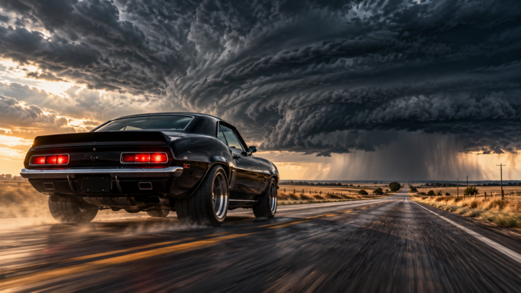 Black classic muscle car driving on a wet open road with dark swirling storm clouds and rain in the distance during sunset.