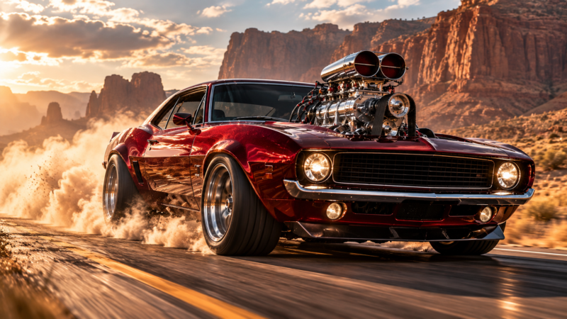Powerful Red Muscle Car Drifting on Desert Road (Free AI Image)
