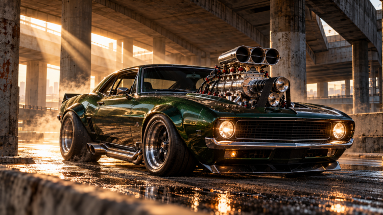 Dark green classic muscle car with large supercharged engine under an overpass at golden hour with wet ground reflections