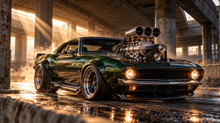 Dark green classic muscle car with a large chrome supercharger on the hood parked under a concrete urban overpass at sunset