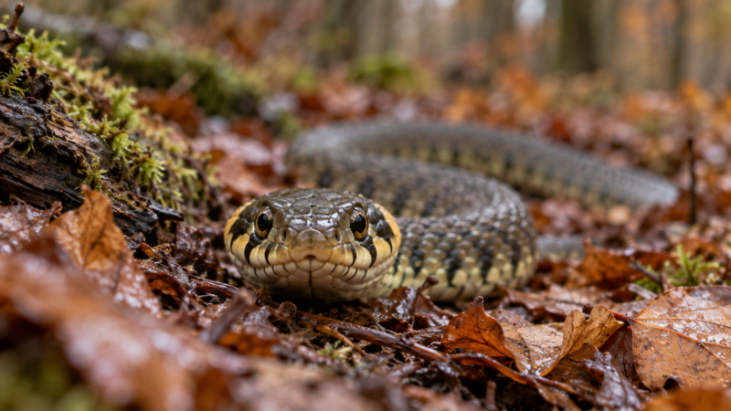 Close-up image of a snake resting on a forest floor covered with brown autumn leaves and moss