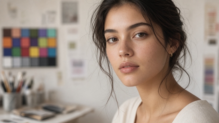 Close-up portrait of a young woman with natural skin and neutral expression in a softly lit artist studio