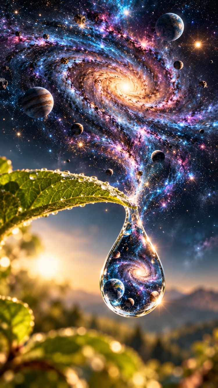 A surreal image of a vibrant galaxy and planets reflected inside a dew drop hanging from a green leaf at sunrise with a natural background
