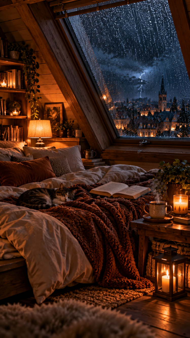 Cozy attic bedroom with warm lighting, a sleeping cat on a blanket, an open book, and rain falling outside a large window at night