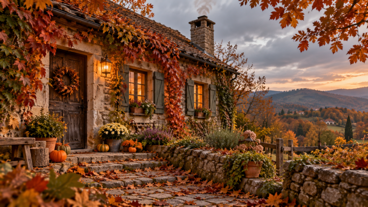 Stone cottage adorned with orange and red autumn leaves, glowing warmly at sunset in a serene countryside setting.