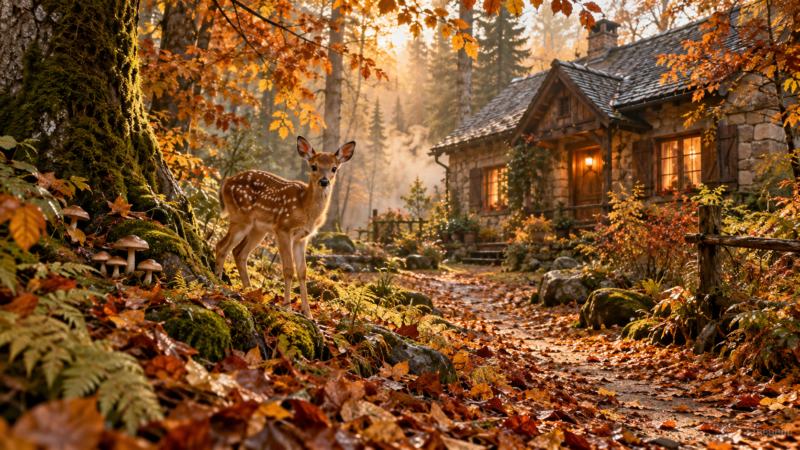 A young fawn standing on mossy forest ground covered in fallen autumn leaves near a stone cottage with warm glowing windows at sunset