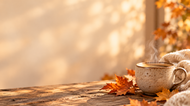 A steaming cup of coffee sits on a rustic wooden table surrounded by colorful autumn leaves and a knitted blanket, bathed in soft sunlight.