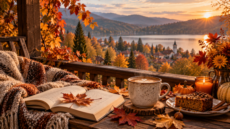 Wooden porch with cozy blanket, open book, coffee cup, autumn leaves, and pumpkin cake overlooking a lake and vibrant fall foliage at sunrise