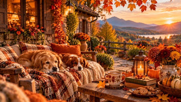 Two dogs resting on a plaid blanket-covered porch filled with pumpkins, flowers, cookies, and candle lantern with a mountain sunset in the background