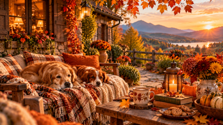 Two dogs resting on a plaid blanket-covered porch filled with pumpkins, flowers, cookies, and candle lantern with a mountain sunset in the background