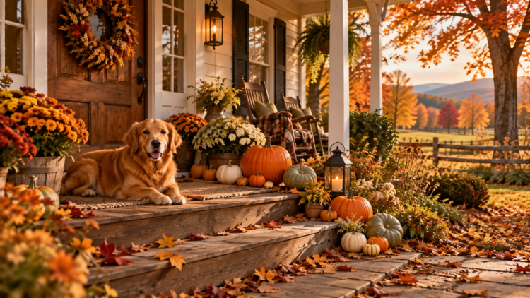 A warm autumn setting with a golden retriever resting on a wooden porch surrounded by pumpkins, flowers, and fall leaves under golden trees