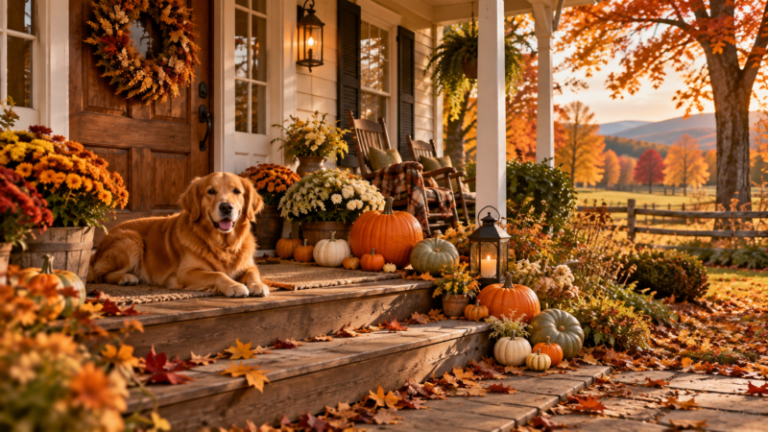 A warm autumn setting with a golden retriever resting on a wooden porch surrounded by pumpkins, flowers, and fall leaves under golden trees