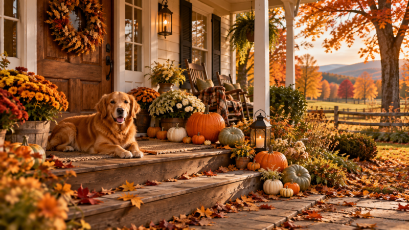 A warm autumn setting with a golden retriever resting on a wooden porch surrounded by pumpkins, flowers, and fall leaves under golden trees