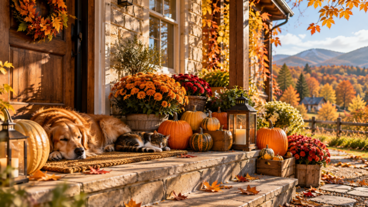 Golden retriever dog and tabby cat resting on a stone porch surrounded by pumpkins, autumn flowers, and fall leaves in a countryside setting