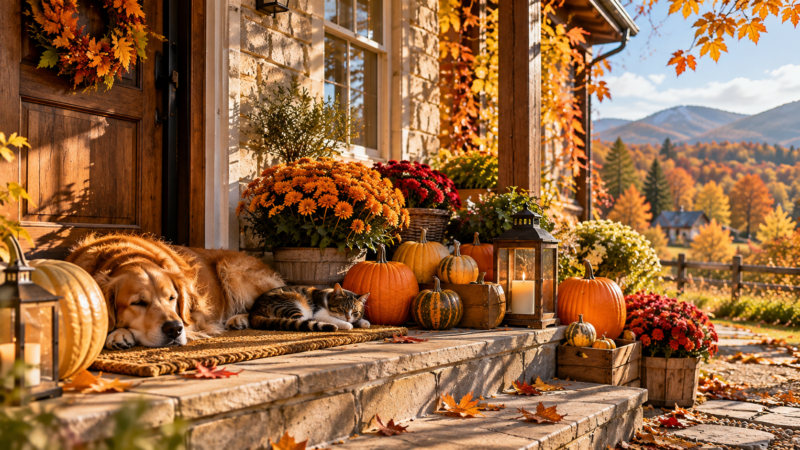 Golden retriever dog and tabby cat resting on a stone porch surrounded by pumpkins, autumn flowers, and fall leaves in a countryside setting