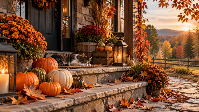 Stone porch decorated with pumpkins, autumn leaves, orange flowers, lanterns, and a sleeping cat during a warm sunset