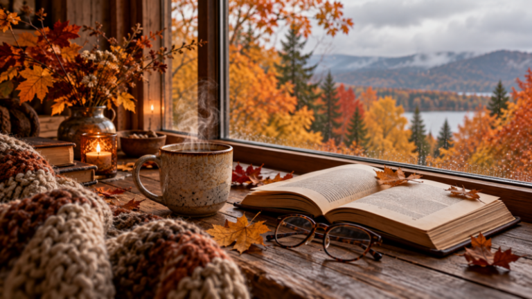 A rustic wooden windowsill with an open book, steaming cup of tea, knit blanket, and autumn leaves, overlooking colorful fall foliage and a lake