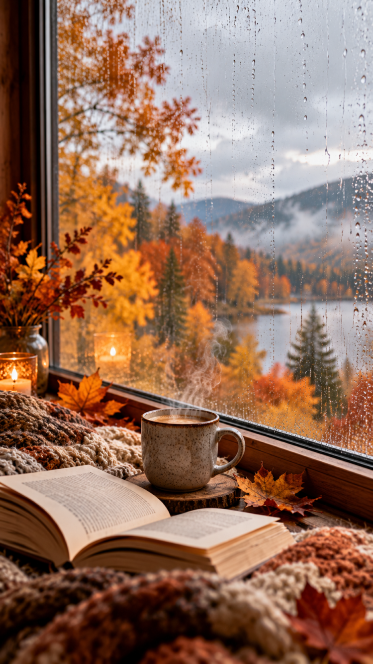 A steaming cup of coffee and an open book on a knitted blanket by a rainy window overlooking colorful autumn trees and misty mountains.
