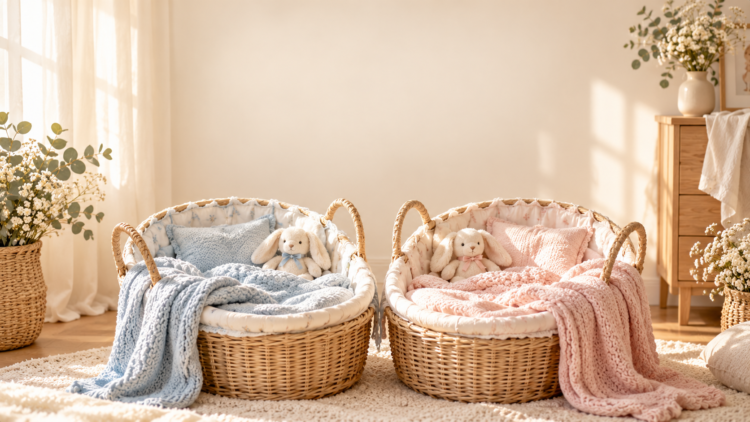 Two woven baby baskets with soft blue and pink blankets, plush bunny toys, and cushions in a warm, sunlit nursery room