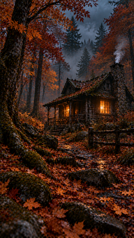 Cozy Cabin in Autumn Forest with Warm Glowing Windows (Free AI Image)