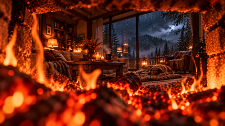 Warm cozy cabin interior featuring a glowing fireplace and large windows revealing a snowy pine forest under a stormy night sky.