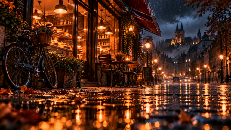 Wet cobblestone street reflecting warm light from a cozy bakery with tables and chairs outside, rainy evening in a historic city