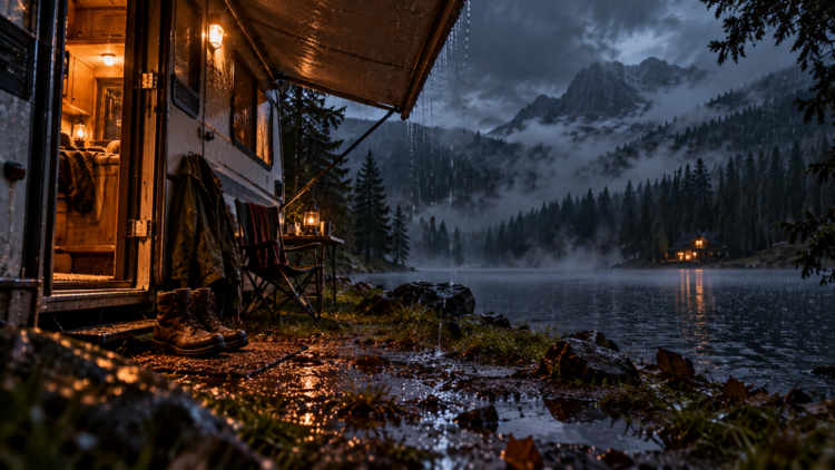 Campfire-lit camper on rainy lakeside with boots and jackets, misty forest and mountain in dim evening light