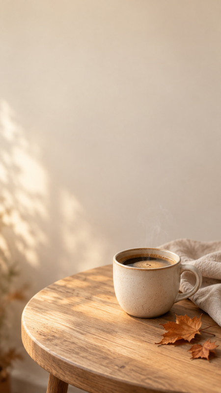 Steaming cup of black coffee on a rustic wooden table with a beige cloth and autumn leaves in soft natural sunlight