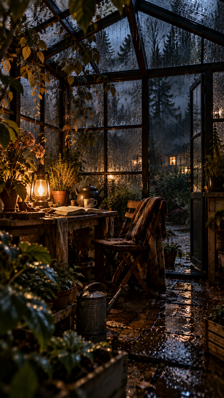 Warmly lit garden greenhouse with rain droplets on glass, wooden table, plants, and a chair with a blanket inside
