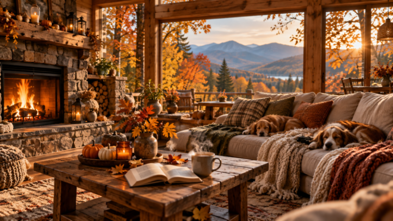 Warm rustic cabin living room with stone fireplace, wooden furniture, and large windows showcasing colorful autumn forest and mountains.
