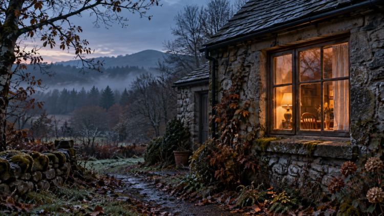 Rustic stone cottage glowing warmly at dusk, surrounded by autumn foliage, with hills and trees under a misty sky