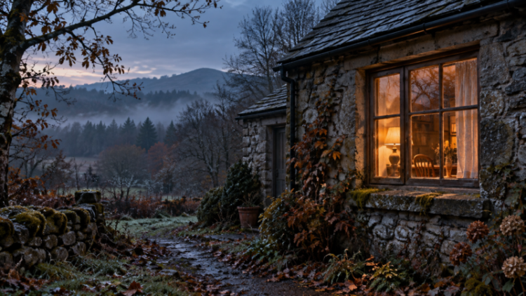 Rustic stone cottage glowing warmly at dusk, surrounded by autumn foliage, with hills and trees under a misty sky