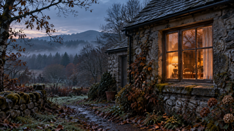Rustic stone cottage glowing warmly at dusk, surrounded by autumn foliage, with hills and trees under a misty sky