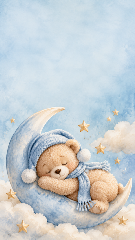Illustration of a teddy bear wearing a blue knit hat and scarf, peacefully sleeping on a luminous crescent moon surrounded by clouds and golden stars