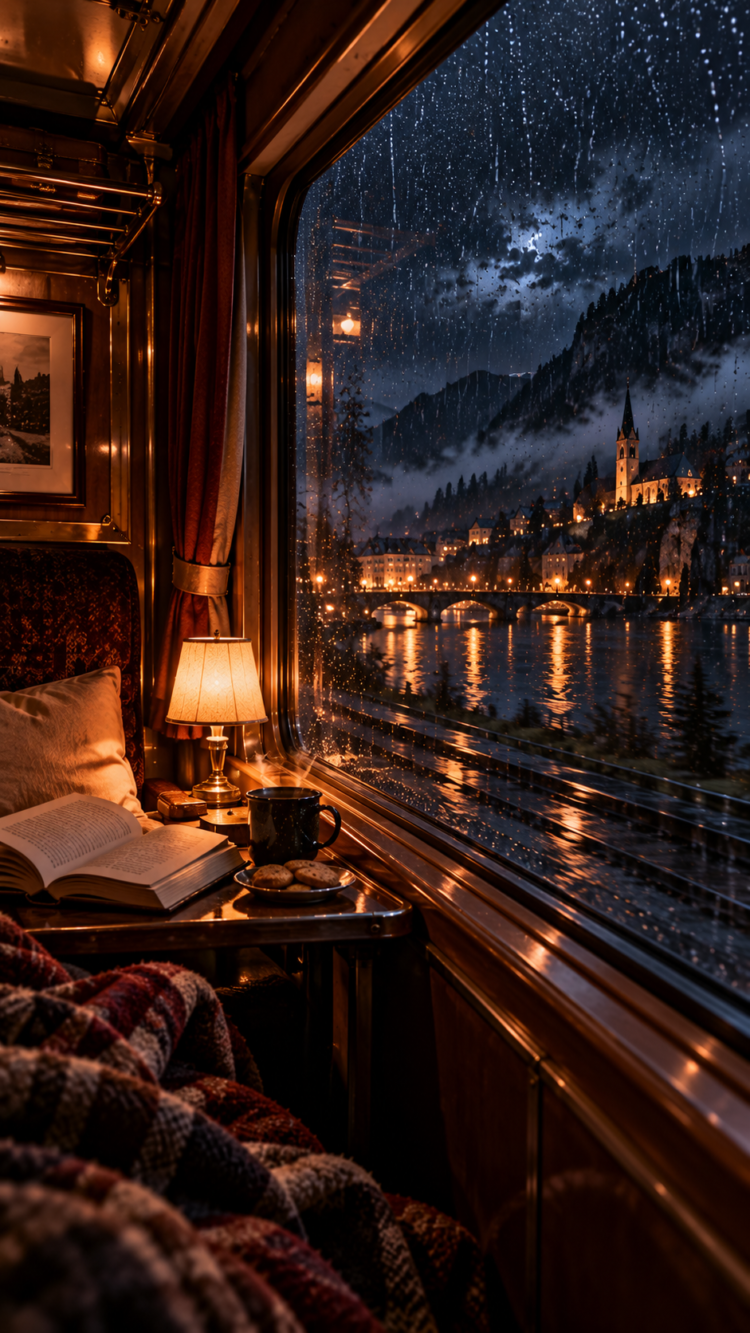 Warm and cozy train interior with a glowing lamp and an open book by a window wet with rain, overlooking a beautifully lit town at night.