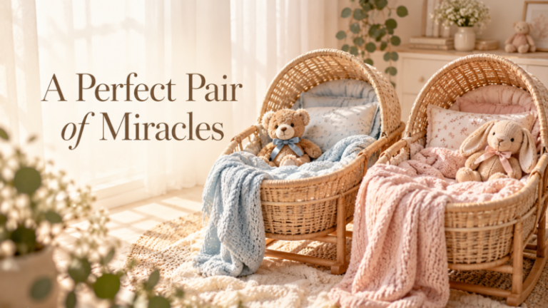 Two wicker baby baskets with cozy blankets and stuffed animals, one blue blanket with teddy bear, one pink blanket with bunny, in sunlit room