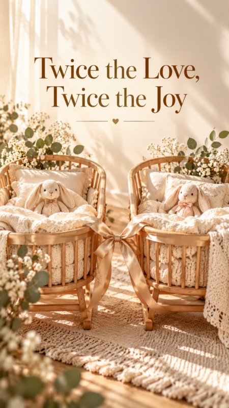 Two cozy wooden twin cribs adorned with knitted blankets and plush bunny toys tied together with a satin ribbon in warm natural light