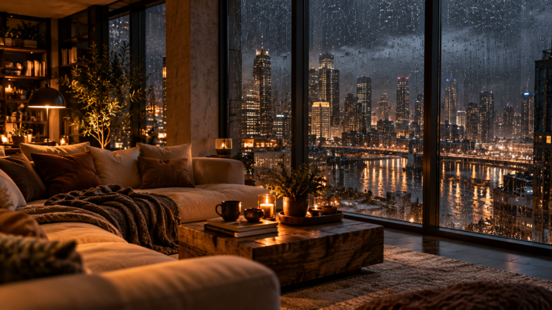 Warm and inviting living room interior with plush sofa and candles, overlooking a rainy city skyline through large windows