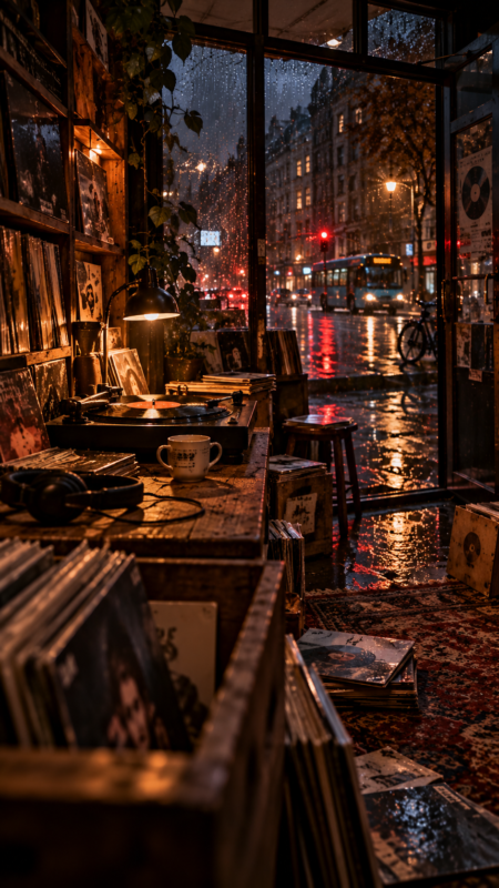Warm interior of a vinyl record shop with glowing lamp and coffee cup, seen beside wet street and city lights through rain-covered glass doors.