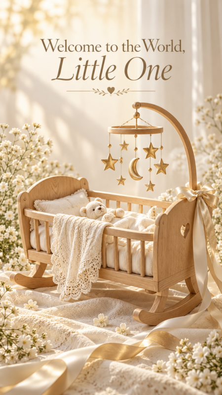 Wooden rocking baby cradle with cream lace blanket, teddy bear, and star and moon mobile surrounded by soft white flowers