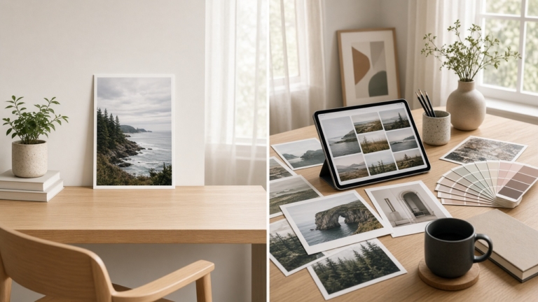 Well-lit wooden desk with nature photos, color swatches, plants, and a digital tablet displaying scenic landscapes.