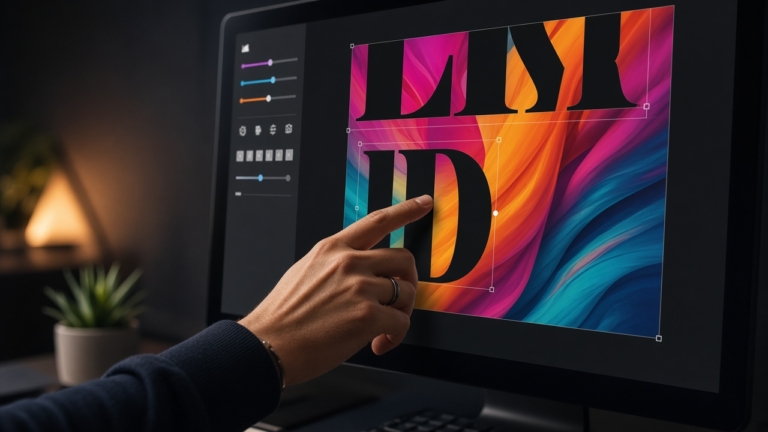 Hand adjusting bold black text on colorful digital artwork displayed on a touchscreen monitor in a modern workspace