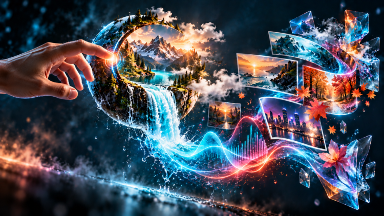 A hand touches a glowing digital sphere with a waterfall and mountain landscape, flowing into vibrant floating photos and colorful energy waves.