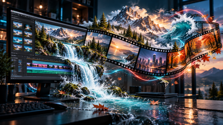 A computer screen displaying video editing software with waterfalls, mountains, and a film strip featuring nature and city scenes dynamically flowing off the screen.