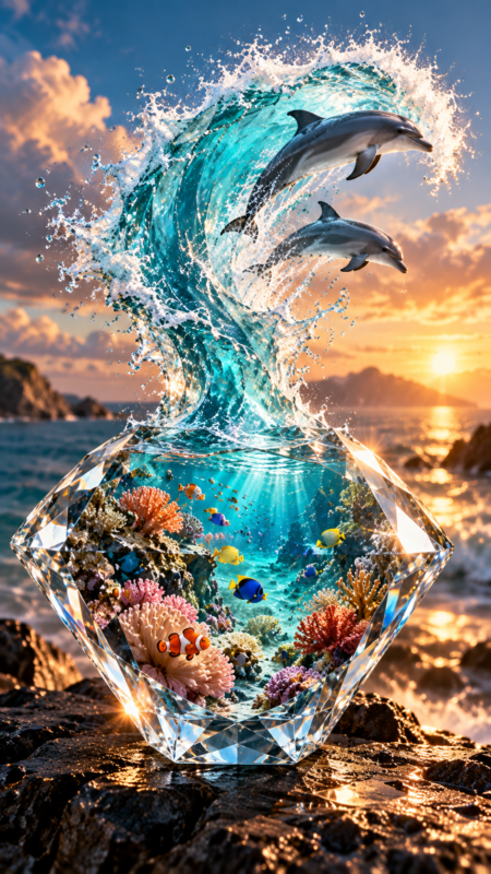 A dazzling crystal container shaped like a diamond holds a vibrant coral reef underwater, with two dolphins leaping through a sparkling wave above it at sunset.