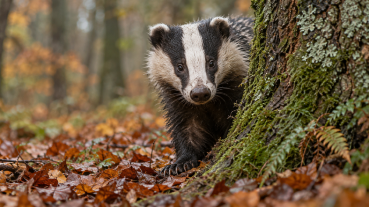 A young badger with black and white fur peeks around a moss-covered tree trunk in a forest filled with autumn leaves on the ground.