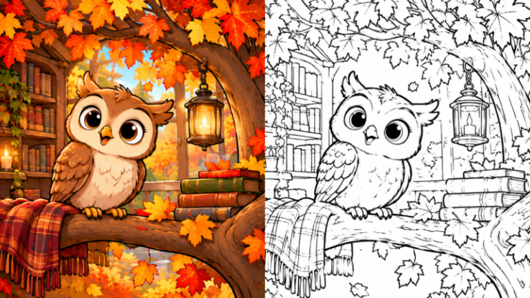 Illustration of a cute owl perched on a tree branch in vibrant autumn leaves surrounded by books, a plaid scarf, and a lit lantern