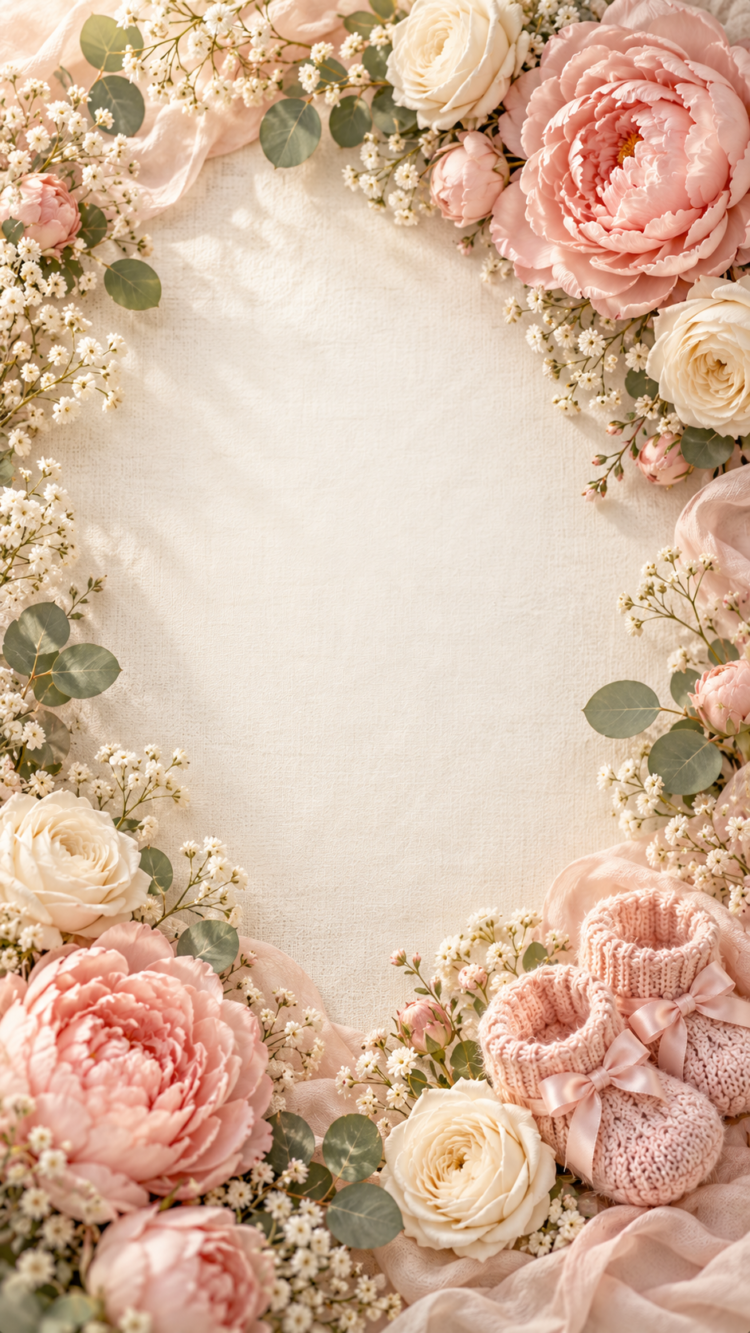 Soft pink and white flowers with greenery forming a floral frame around knitted baby booties on a cream fabric background