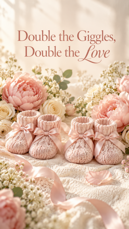 Soft pink knitted twin baby booties tied with ribbons surrounded by pastel flowers and greenery on a cozy blanket